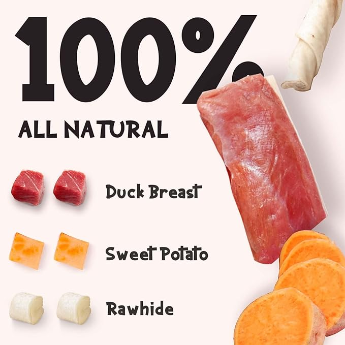 ASMPET Dog Treats Chews, Duck Wrapped Rawhide Sticks Filled with Sweet Potato for Small Medium Large Dogs（6pcs）-Mewly Pet