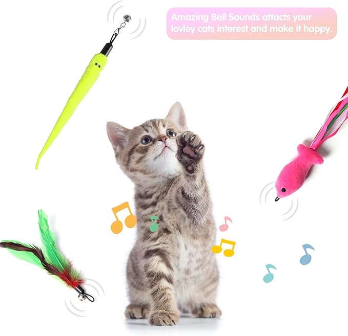 Retractable Cat Toy Wand, 12 Packs Interactive Cat Feather Toys, 9 Assorted Teaser Refills with Bell for Kitten (Pink)-Mewly Pet
