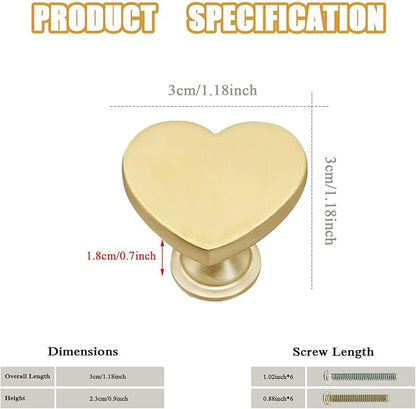 6 Pcs Brass Heart-Shaped Gold Cabinet Knobs, Suitable for Bathroom & Kitchen Drawer Pulls
