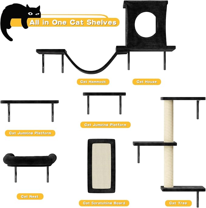 NUNU LAB Wall Mounted Cat Furniture, 6 Pcs Cat Wall Shelves with Condo House, Bridge, Steps, Scratcher, Hammock, Indoor Safe & Stable Furniture for Kittens Play, Black-Mewly Pet