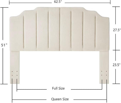 24KF Cream Teddy Fabric Tufted for Queen Upholstered Headboard, Modern Vertical Channel Design Full Headboard with Stepped Silhouette Top Edge, 6026-Q-Teddy Cream
