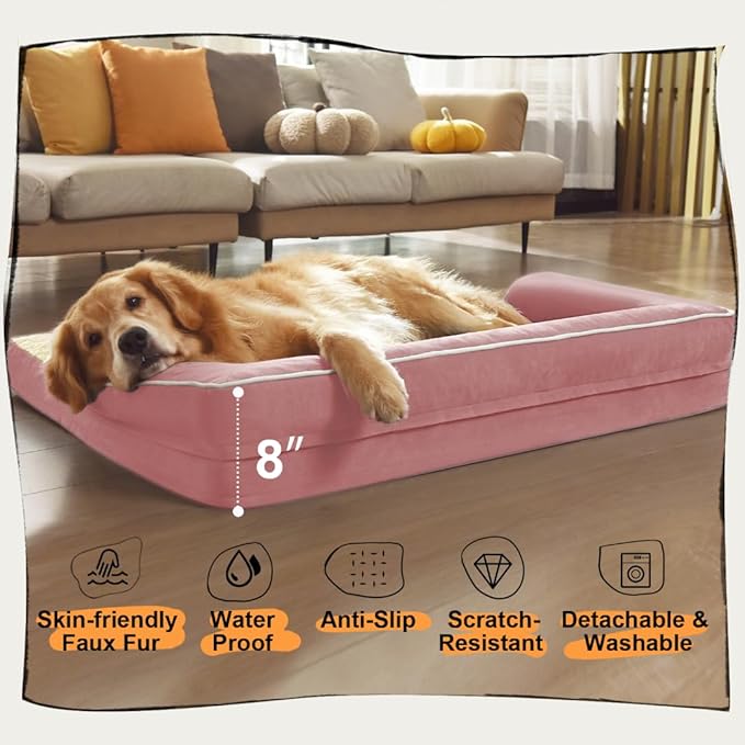 Orthopedic Washable Large Dog Bed, Pink Dog Beds with Removable Cover, Large XXXL Pet Dogs with Bolster, Washable Dogs Beds Sofa with Orthopedic Egg Foam for Medium Large Pet-Mewly Pet