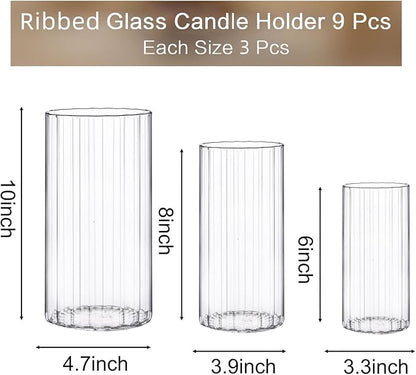 yshengood Glass Hurricane Candle Holder Ribbed Glass Candle Holder - Elegant & Easy to Use, Perfect for Wedding, Holiday, Party Decor, Home and Event Essential