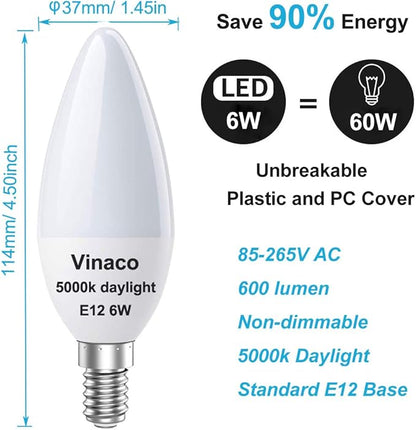 Vinaco E12 LED Bulb, 6 Pack E12 Candelabra Bulb 60 Watt Daylight White 5000K, High Brightness 600LM & 25000+ Long Lifespan E12 Bulb, E12 Candelabra Base, Light Bulb for Ceiling Fan Light Bulb…