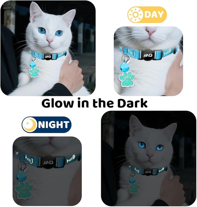 Personalized Breakaway Cat Collars Glow-in-The-Dark with ID Tag, Bell - Safety Quick - Release, Customizable for Female Male Kittens & Cats (Blue)-Mewly Pet