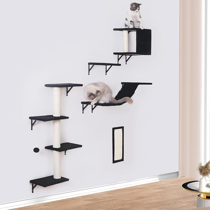 Modern Wall-Mounted Cat Furniture - 5pcs Cat Wall Shelves, Wooden Climber Includes House, Bridge, Tree, Steps, and Scratcher (Black)-Mewly Pet
