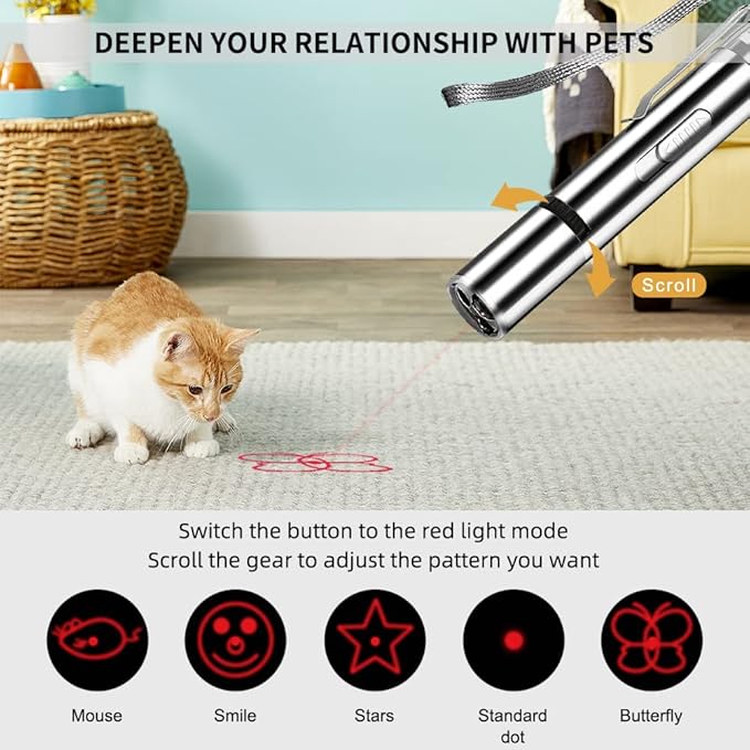 Laser Pointer Cat Toys USB Rechargeable Interactive Cat Laser Pointer with 5 Exciting Laser Patterns Torch UV and Infrared Modes Safe Pet Playtime Multi-Use Toy for Cats and Pet Owners-Mewly Pet