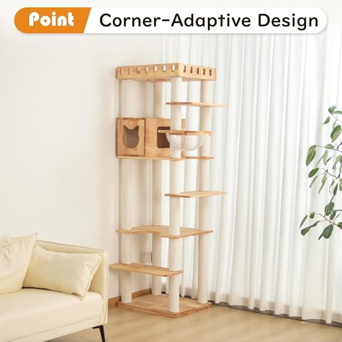74.8" Wooden Cat Tree Tower for Large Cats, Multi-Level Cat Climbing Furniture with Scratching Posts, Cat Condo & Hammock, Natural Wood Cat Activity Center (White)-Mewly Pet