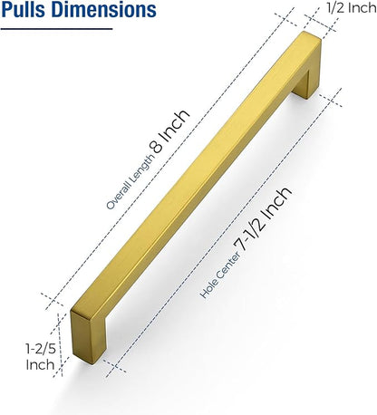 JOY DECOR 12 Pack Cabinet Handles, Gold Cabinet Pulls, 7-1/2 Inch Kitchen Closet Handles Square Drawer Pulls Stainless Steel Drawer Hardware, 192mm Hole Centers
