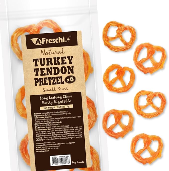 Afreschi Turkey Tendon Pretzel (S) 6 Pieces per Pack, USA-Sourced Turkey Tendon, All Natural Human Grade Puppy Chew, Hypoallergenic, Rawhide Alternative, Dog Treats for Small Breeds-Mewly Pet