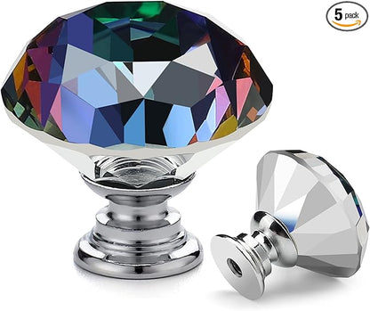Ravinte 5 Pack Colorful Crystal Knobs for Dresser Drawers Glass Cabinet Knobs Diamond Shaped Drawer Knobs - 30 mm Knobs with Black Base