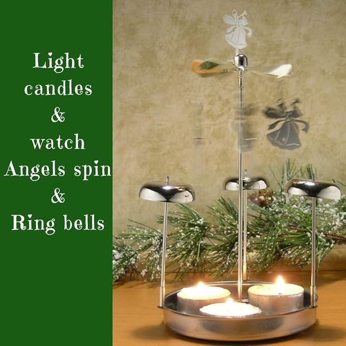 Spinning Angels Tealight Candle Spinner with Bell Chimes - Swedish Scandinavian Style Design - 8" H - Set of 2