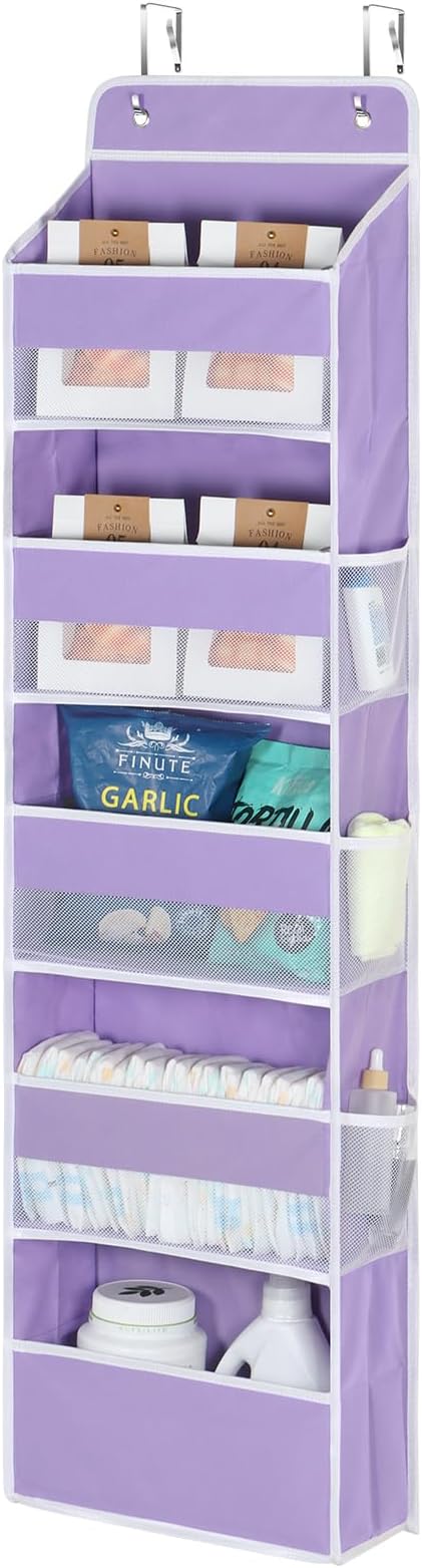Univivi 5-Shelf Over The Door Hanging Organizer, Back of Door Organizer with 5 Compartments 6 Side Pockets for Baby Bedroom and Bathroom Storage (Purple)