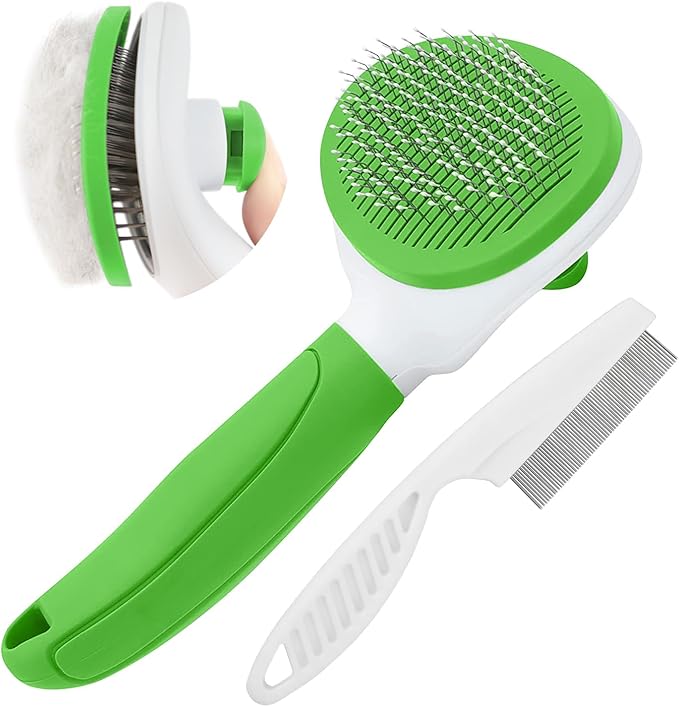 Cat Brushes for Indoor Cats, Dog Brush for Shedding with Metal Cat Comb, Self Cleaning Pet Hair Brush with Release Button for Grooming Kitten(Green)-Mewly Pet