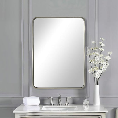 ANDY STAR 22x30'' Brushed Nickel Bathroom Mirror, Rounded Rectangle Brushed Silver Mirror for Bathroom Vanity SUS304 Metal Tube Framed(Rustproof) 1’’ Deep Wall Mounted Vertically/Horizontally