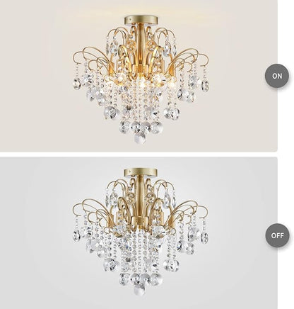 WUZUPS Crystal Chandelier Flushmount Ceiling Light Modern Lighting Fixture for Bedroom Hallway Bar Kitchen Bathroom, H 17.5'' x W 19.3'', E12 Base, Gold