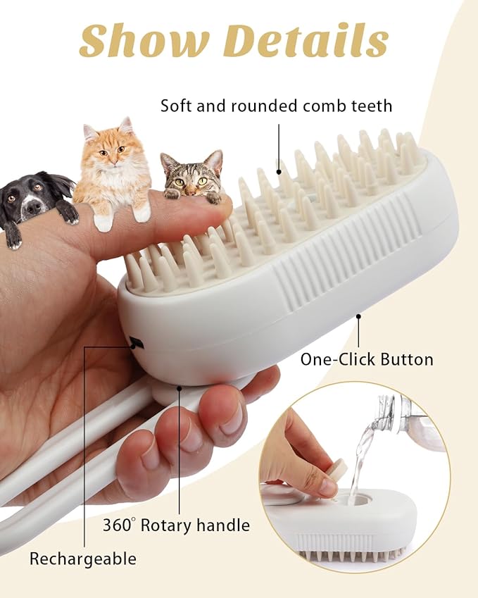 6 in 1 Cat Steam Brush for Shedding, Portable Anti-Static Grooming Comb for Cats & Dogs, Steam Misting Water Brush, Self-Cleaning Pet Hair Remover, Indoor Cat Spray Brushes for Cats & Dogs-Mewly Pet