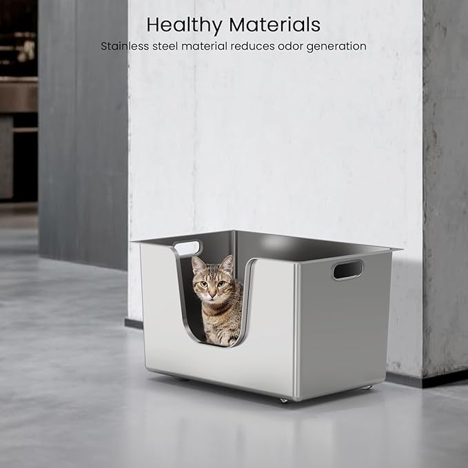 Stainless Steel Cat Litter Box 11.8” High Sides, Large Metal Litter Box with Low Entry for Big Cats, Leak-Proof Pet Toilet Kitty Litter Pan with Wheels for Mobility, Easy to Clean & Non-Stick-Mewly Pet