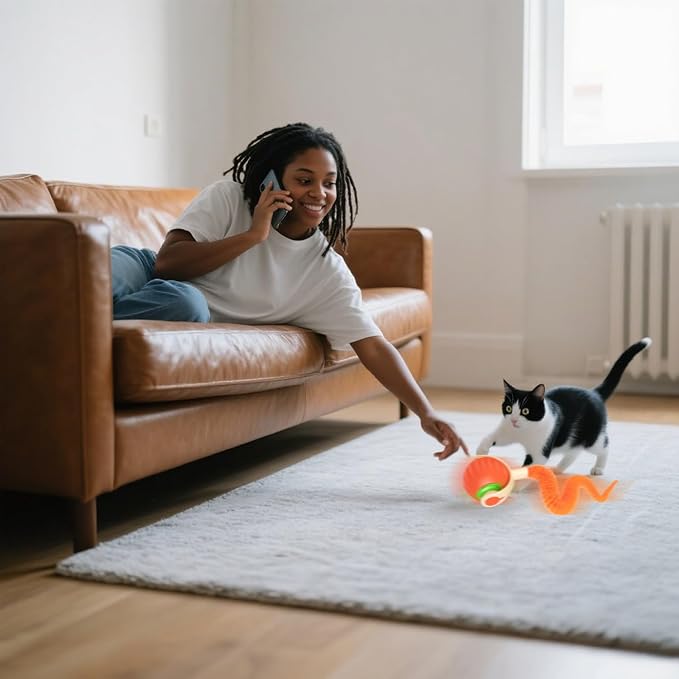 Interactive Cat Toy Ball | Automatic Moving Smart Anti-Depression Pet Toy with Light | Speedy Tail 3.0 Cat Mouse Toy | Electric Rechargeable Enrichment Toy for Indoor Bored Cats & Dogs (Orange)-Mewly Pet
