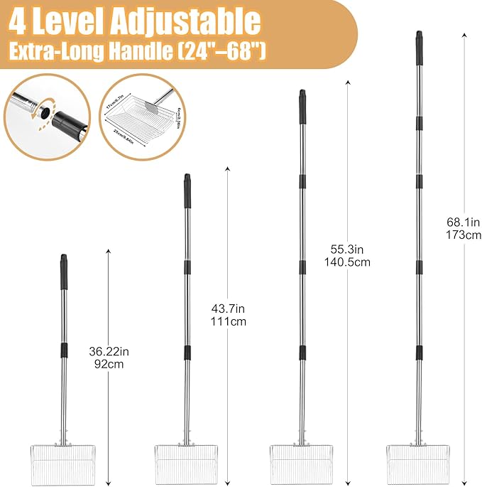 Chicken Poop Scooper with Stainless Steel Handle,24" to 68" Adjustable Length Chicken Coop Litter Scoop,4 in 1 Multifunctional Heavy Duty Litter Sifting Shovel Chicken Coop Accessories-Mewly Pet