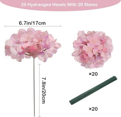 20 Pcs Pink Hydrangea Artificial Flowers Bulk, Faux Hydrangea Flowers Heads, Artificial Fake Silk Hydrangea Flowers with Stems, Pink Flowers Artificial for Decoration Wedding Décor