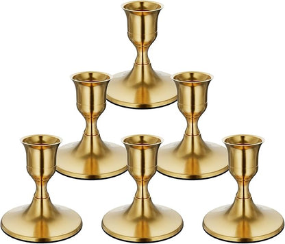 6PCS Brass Gold Taper Candle Holders, Vintage Metal Candlestick Holders for Dinner Room Table Centerpiece or Mantel Wedding Party Decor