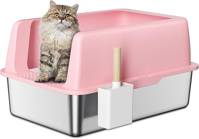 Zarler Stainless Steel Litter Box with Lid, Extra Large Cat Litter Boxes, XL Large Metal Litter Box for Big Cats with High Sided, Pink (Non-Sticky, Easy to Clean, Anti-Urine Leakage)-Mewly Pet