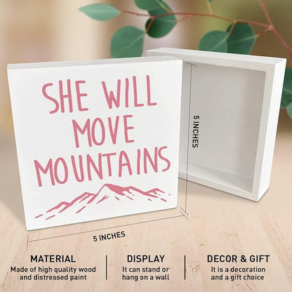 Wooden Box Sign: She Will Move Mountains - Inspirational Girls Room Decor, Motivational Nursery Gift for Baby Showers