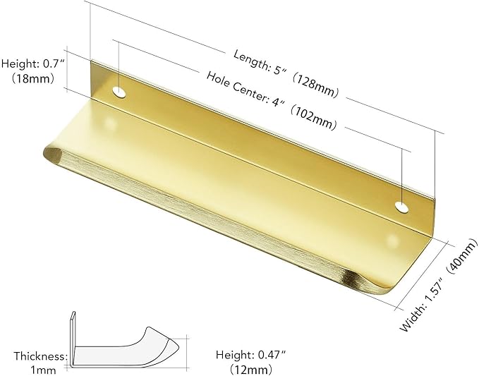 Ravinte Hardware 20 Pack Gold Cabinet Handles, 5 Inch (128mm) Finger Edge Pulls, 4 Inch Hole Center, Finger Pulls for Cabinets
