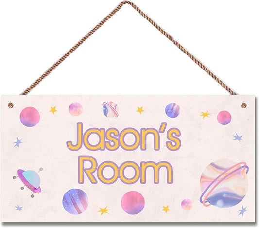 Personalized Universe Sign, Outer Space Theme Wall Art Decor Custom Name Door Plate for Kids Room Nursery Planet Stars Door Art Décor For Girls Boys Room Little Man Cave