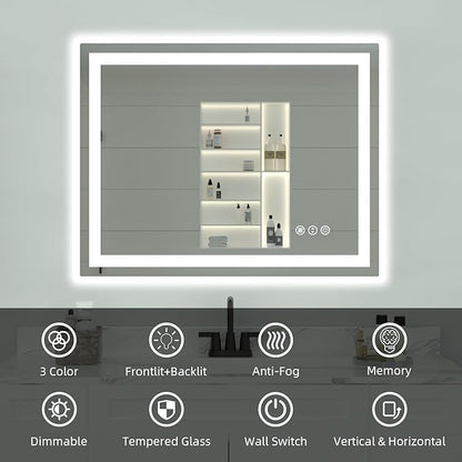 48"x 36" LED Bathroom Mirror with Lights, Double Lighting Sources Dimmable, Backlit + Front Lit, Anti-Fog, Lighted Bathroom Vanity Mirror for Wall(Horizontal/Vertical)