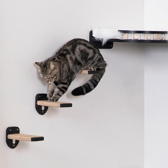 3pcs Wall Steps for Cats, Climbing Mounted Furniture, Shelves With Hemp Rope Covered, Solid Wood Ladder for Playing and Climbing (Large-Black)-Mewly Pet