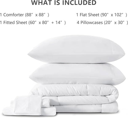 CozyLux Queen Comforter Set White, 7 Pieces Bed in a Bag, White Comforter Queen Size, All Season Bedding Sets with Stitch Quilted Comforter, Flat Sheet, Fitted Sheet, Pillowcases
