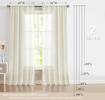 Treatmentex Pom-Pom Polyester Sheer Curtains for Office Outdoor Curtains Bedroom Window Drapes 108 inches Long Rod Pocket Curtain Set for Living Room 2 Pack, Beige