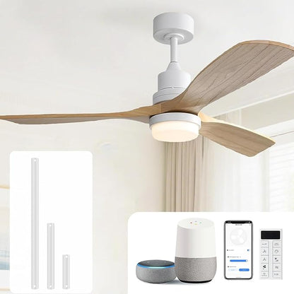 Sofucor 52 Inch Smart Ceiling Fans with Lights and Alexa/Google Assistant/APP/Remote Control-Modern Solid Wood Outdoor 3 Blades Ceiling Fan for Bedroom Living Room Indoor Farmhouse Patio, Natural Wood