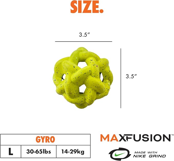 Max Fusion with Nike Grind, Arlee Gyro Treat Dispensing Dog Toy, Durable Dog Treat Toy, L-Mewly Pet