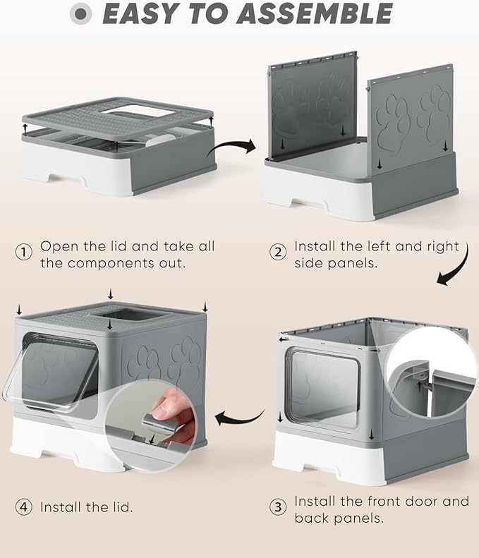Enclosed Cat Litter Box, Large Litter Box for Big Cats, Covered Kitty Litter Boxes with Lid, Top Entry Cat Box Enclosure with Scoop, Odor Control, Easy to Clean(Grey)-Mewly Pet