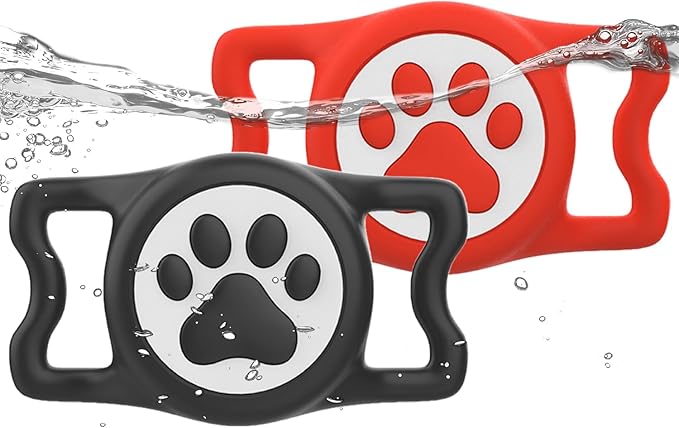 IP68 Waterpoof Dog Airtag Holder, Stretchy Silicone Full Body Covered Apple Air Tag Holder for Dog Cat Collar Fit All Width Collar (Black/Red, 2 Pack)-Mewly Pet