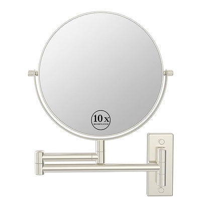 Wall Mounted Makeup Mirror, 1x/10x Double-Side Magnifying Mirror 8 Inch Vanity Mirror, 360° Extendable Arm Wall Mirror, Bathroom Mirror for Makeup or Shaving Nickel