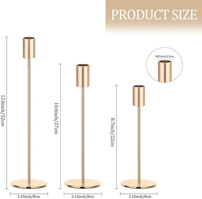 Set of 3 Gold Taper Candle Holders, Metal Gold Candlestick Holders, Tall Candle Holder, Fits 3/4 inch Thick Candle&Led Candles, for Table Centerpiece, Wedding, Dinning, Party Home Decor