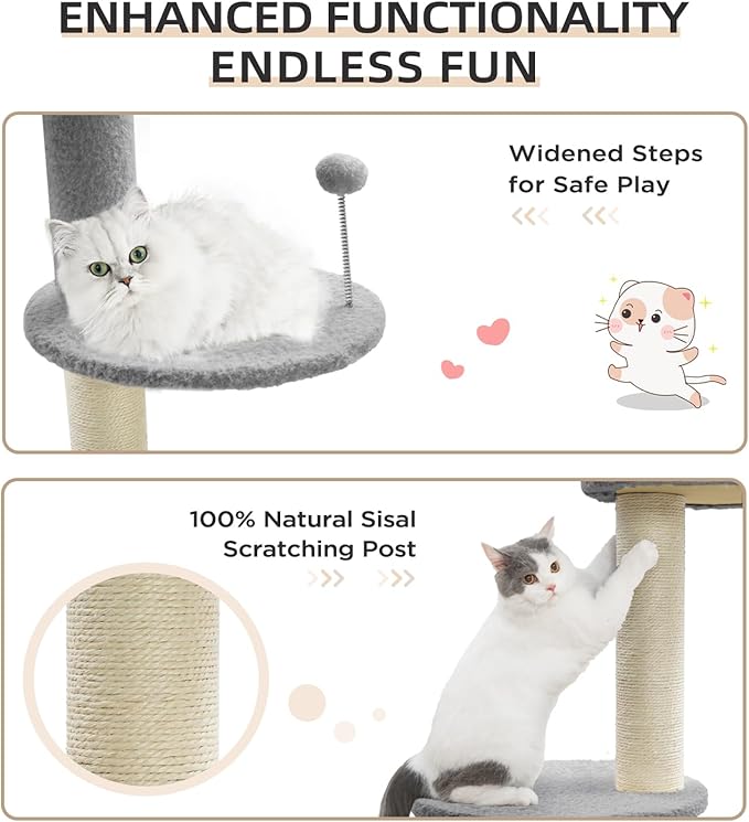 Made4Pets Floor to Ceiling Cat Tree 93-106'',Tall Cat Tower 5 Tiers,Adjustable Height, Stable Cat Tree Tower with Scratching Posts, Fluffy Condo, Hammock and Ball Toy for Indoor Cats/Kitten, Gray-Mewly Pet