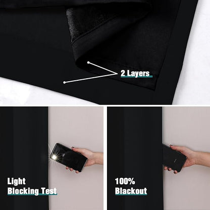 ChrisDowa 100% Blackout Curtains for Bedroom with Black Liner, 2 Thick Layers Total Blackout Thermal Insulated Grommet Small Window Curtains 2 Panels Set (Black, 42 x 45 Inch)