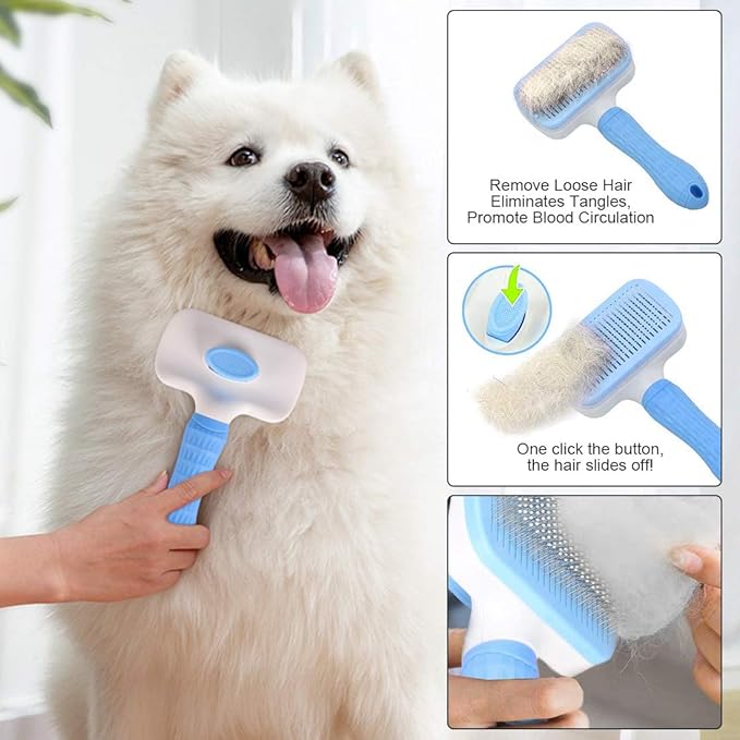 Self Cleaning Slicker Brush,Dog Brush & Cat Brush with Massage Particles,Removes Loose hair & Tangles,Skin Friendly & Promote Circulation-Blue 1-Mewly Pet