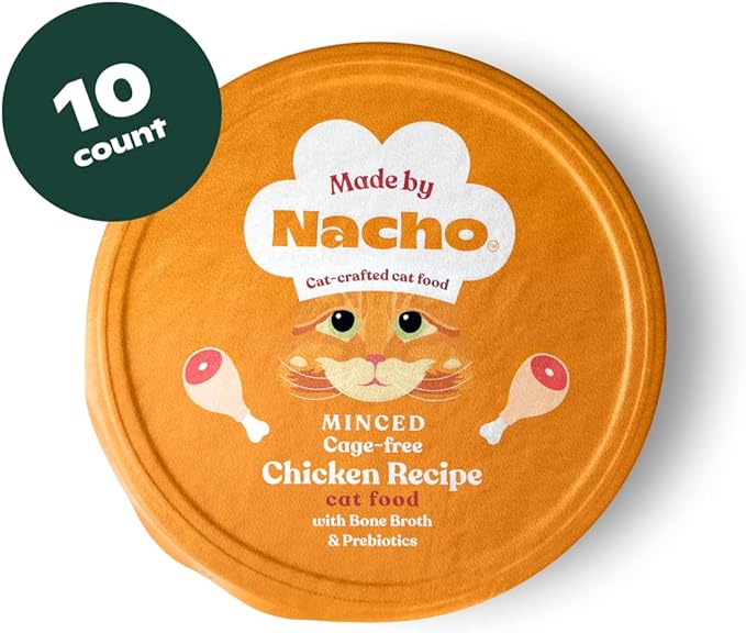 Made by Nacho Wet Cat Food, Cage-Free Minced Chicken in Bone Broth for Hydration with Prebiotics for Digestive Health, High Protein, 2.5oz Cups (10 Pack), Limited Ingredients-Mewly Pet