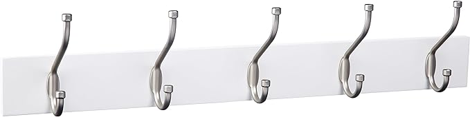 Amazon Basics Rectangular Farmhouse Wall-Mounted Coat Rack with Storage Hooks, 5 Hooks, White
