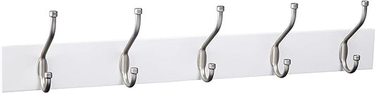 Amazon Basics Rectangular Farmhouse Wall-Mounted Coat Rack with Storage Hooks, 5 Hooks, White