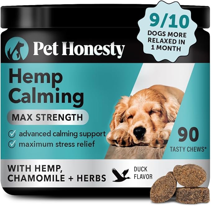 Natural Hemp Calming Chews for Dogs Maximum Strength - Hemp & Melatonin Dog Anxiety Relief - Calming Aid Supplement with Valerian Root - Stress, Separation & Thunder Support - (Duck 90 Ct)-Mewly Pet