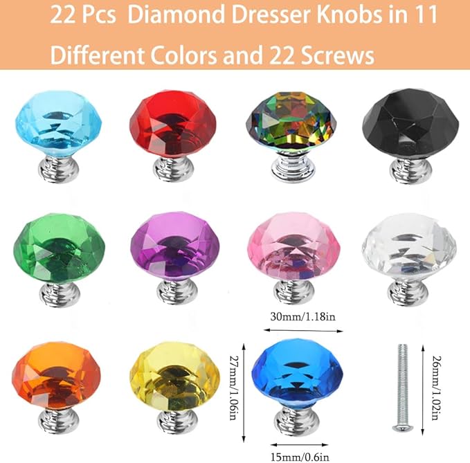 22 Pack Colorful Crystal Drawer Knobs, 30mm Glass Dresser Knobs Cabinet Diamond Shape Pulls Handle for Wardrobe, Kitchen, Bathroom, Cupboard(11 Colors)