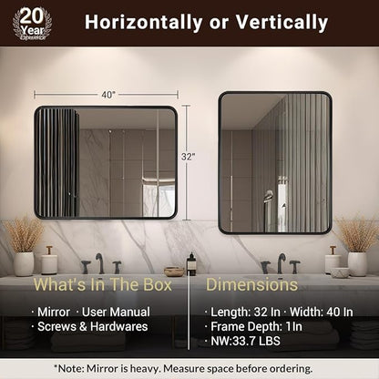 ANDY STAR 40X32 Inch Black Bathroom Mirror, Black Bathroom Vanity Mirrors for Wall, Rounded Rectangle Mirror for Bathroom, Seamless Tube Metal Frame, 1’’ Deep Wall Mounted Vertical/Horizontal