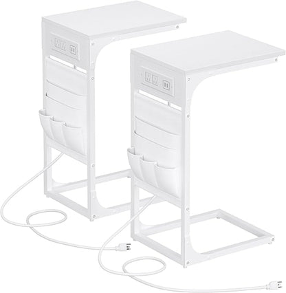 TUTOTAK C Shaped End Table with Charging Station, Side Table for Sofa, Couch Table with Storage Bag, Set of 2, TV Tray Table with 2 USB Ports and Outlets for Living Room, Bedroom, White TB01BW0242